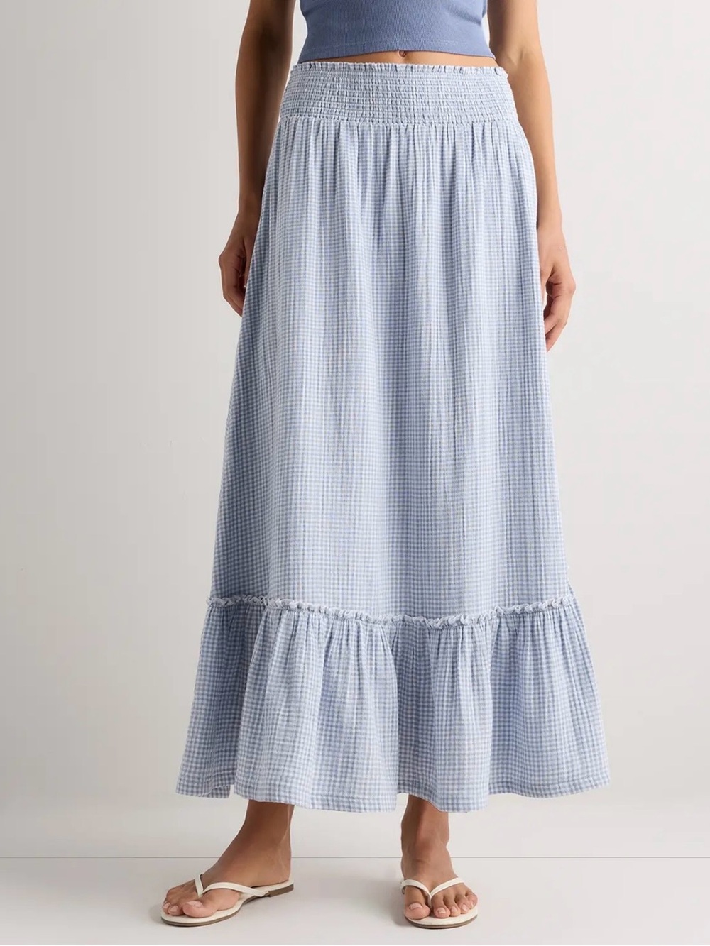 Quince 100% Organic Cotton Gauze Smocked Maxi Skirt Blue Gingham Size Large